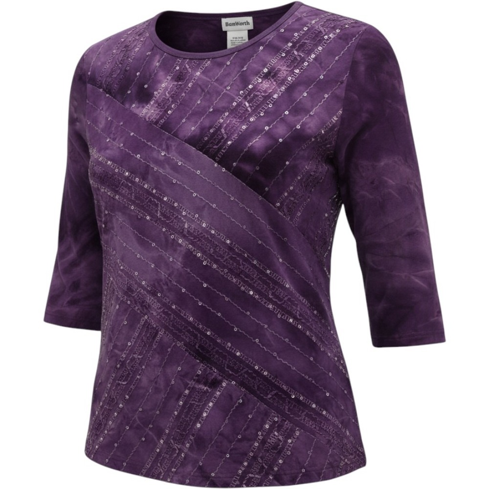 BonWorth Womens Purple Tie Dye Sequin Embroidered Top MP 44725 3/4 Sleeve Blouse